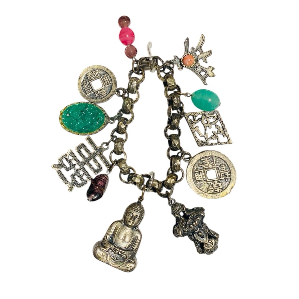 Vtg Germany Shangri-La Style Chunky Asian Coin Charm Bracelet 50's Buddha Napier